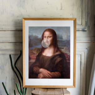 Póster Mona Lisa soplando chicle gris burbuja