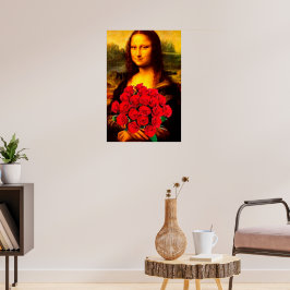 Póster Mona Lisa sosteniendo rosas rojas Leonardo Da Vinc