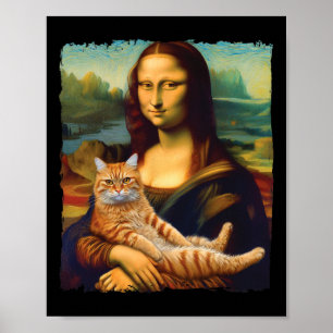 Póster Mona Lisa sosteniendo un retrato de gato pintando