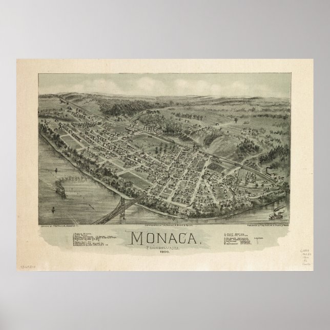 Póster Monaca Pennsylvania 1900 Mapa Panorámico Antiguo (Frente)