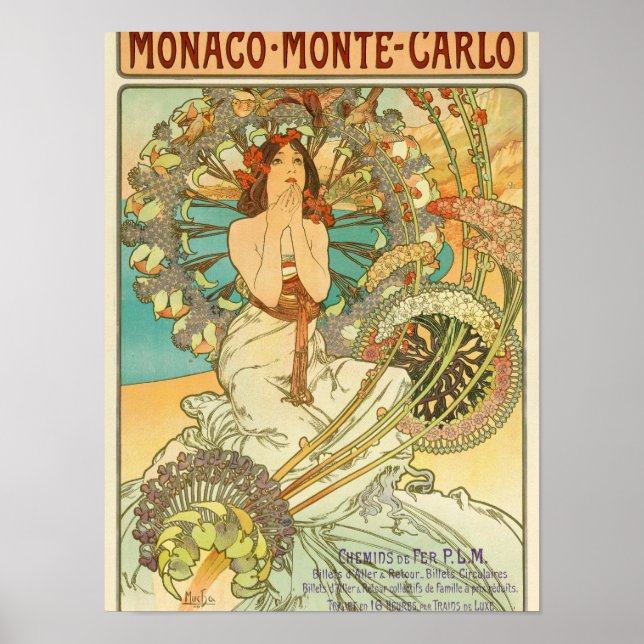 Póster Mónaco, Montecarlo, Chemins de Fer P.L.M. de Mucha (Frente)