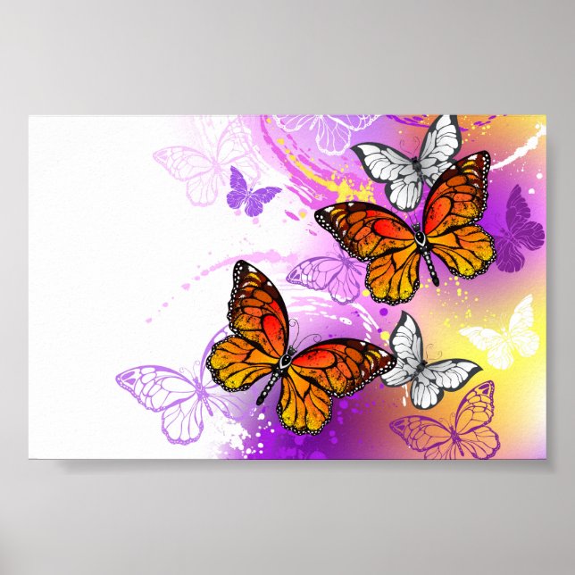 Póster Monarch Butterflies on Purple Background (Frente)