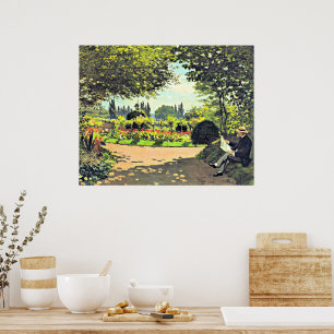 Póster Monet - Adolphe Monet leyendo en el jardín