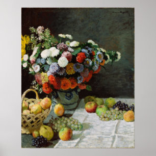 Póster Monet - Bodegón con flores y frutas