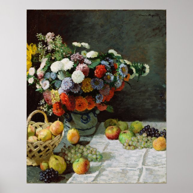 Póster Monet - Bodegón con flores y frutas (Frente)
