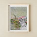 Póster Monet Champ Tulipes and Fancy Cat<br><div class="desc">Hermosa y artística compilación presenta el CHAMP TULIPES EN HOLLANDE de Claude Monet como fondo con retrato de gato gris con cubierta de corona floral de acuarela.</div>