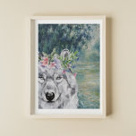 Póster Monet Morning Seine y Gray Wolf<br><div class="desc">Hermosa y artística compilación presenta la Mañana en el Sena de Claude Monet como fondo con retrato de lobo gris con cubierta floral de acuarela.</div>