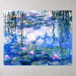 Póster Monet Pink Water Lilies<br><div class="desc">Un poster de nenúfares rosados Monet con hermosos nenúfares de agua rosada flotando en un estanque azul tranquilo con colchonetas de lirios. Un gran regalo de Monet para los amantes del impresionismo y del arte francés. Impresionismo natural sereno con flores y paisajes pintorescos de estanques.</div>