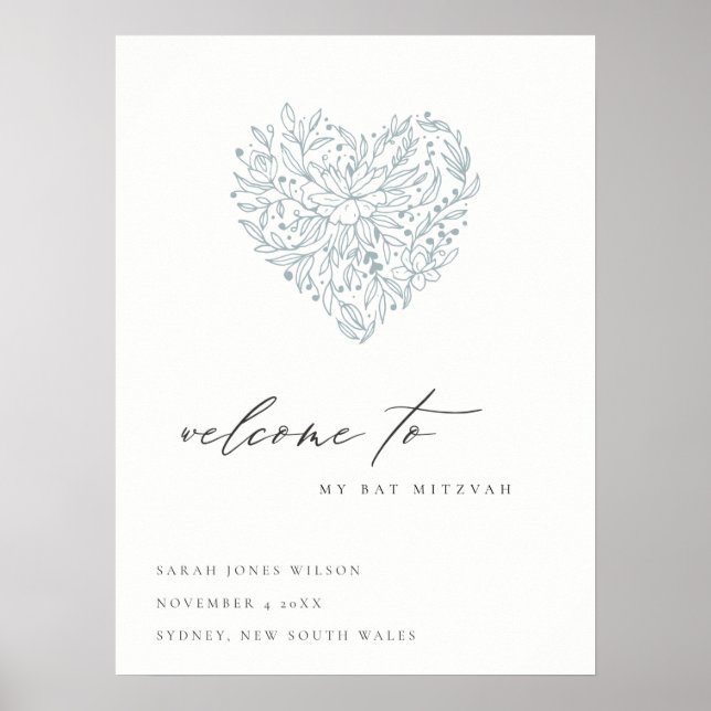 Póster Monísimo corazón floral azul oscuro Bat Mitzvah Bi (Frente)