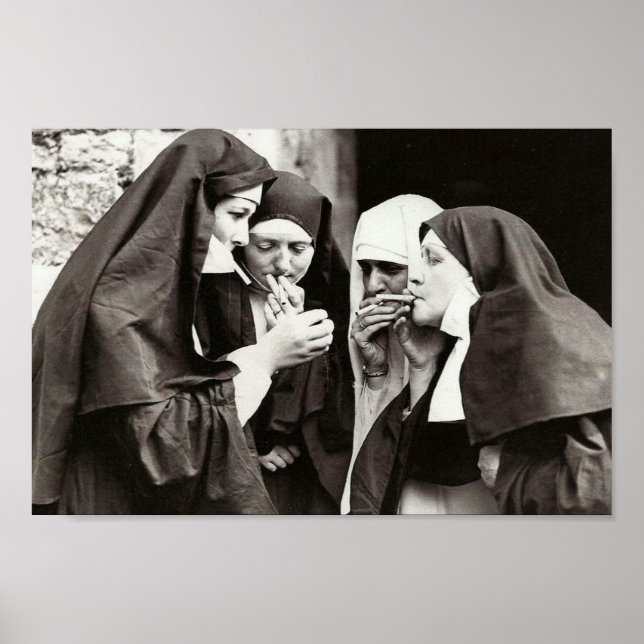 Póster Monjas Fumando fotografía vintage 12x8in (Frente)