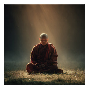 Póster Monje Meditando Rayos de Luz Dorada Niebla Matutin