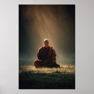 Póster Monje Meditando Rayos de Luz Dorada Niebla Matutin