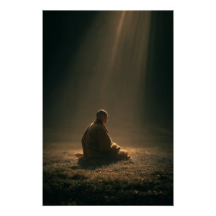 Póster Monje Meditando Rayos del Amanecer Dorado
