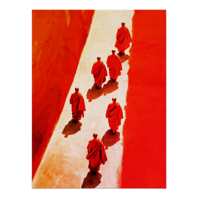 Póster Monjes Caminando con Ropa Roja Viaje Espiritual (Anverso)