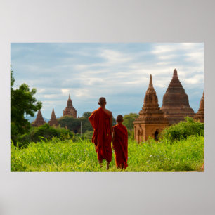 Póster Monjes con templos antiguos
