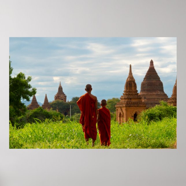 Póster Monjes con templos antiguos (Frente)