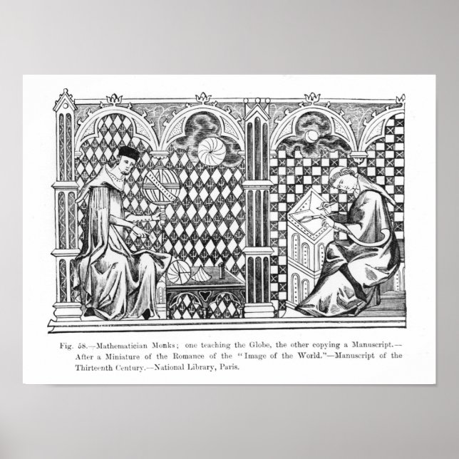 Póster Monjes matemáticos: uno enseñando el globo (Frente)