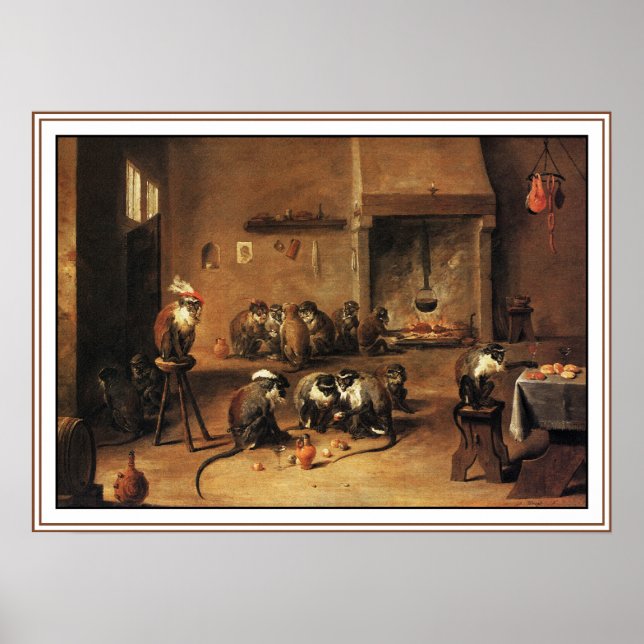 Póster Monkey Poster Print: Monkeys in Kitchen by Tenier (Frente)