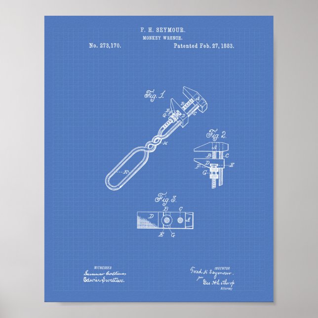 Póster Monkey Wrench 1883 Patent Art Blueprint (Frente)