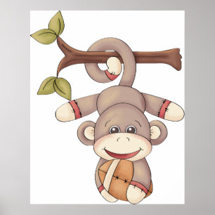 Póster Mono Adorable Colgante con Fútbol Americano