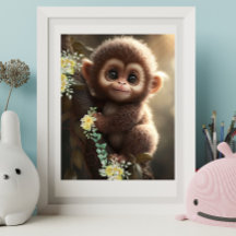 Mono bebé lindo sentado en un árbol con flores ama