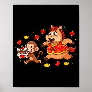 Póster Mono Caballo Chino Divertido Niños Hombres Mujeres