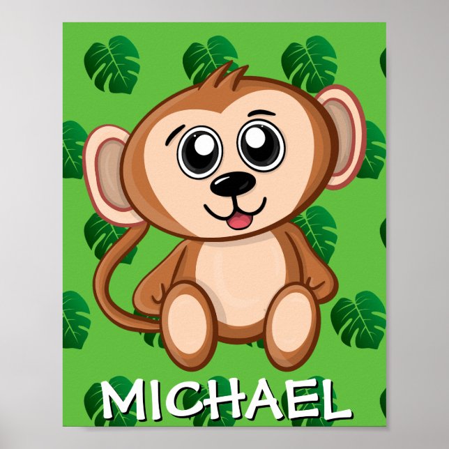 Póster Mono de Safari Lindo Verde Cartoon Jungla Nombre Z (Frente)