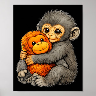 Póster Mono divertido mono divertido bebé animal abrazand