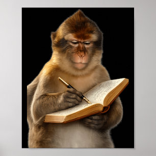 Póster Mono leyendo libro escribiendo diario amante de lo