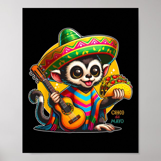 Póster Mono Mexicano Con Sombrero Y Poncho Cinco (Frente)