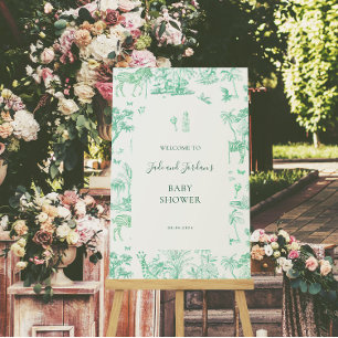 Póster Mono Safari Toile de Jouy Baby Shower Verde Ment