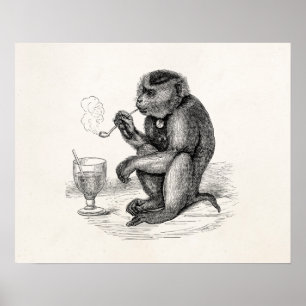 Póster Mono vintage fumando un animal de cuerda