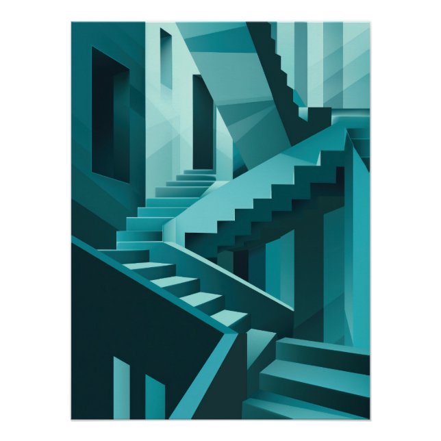 Póster Monochromatic Turquoise Isometric Staircase Maze (Anverso)
