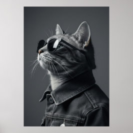 Póster Monochrome Cool Cat in Denim Jacket Portrait