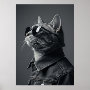Póster Monochrome Cool Cat in Denim Jacket Portrait
