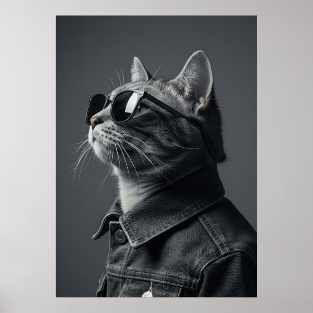 Póster Monochrome Cool Cat in Denim Jacket Portrait (Frente)
