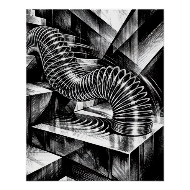 Póster Monochrome Slinky Tumbling Down Chrome Steps (Anverso)