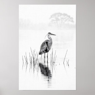 Póster monocromo de garza en una orilla tranquila 