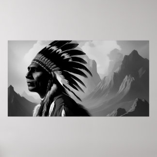 Póster Monocromo de hombre indio negro y blanco estadouni