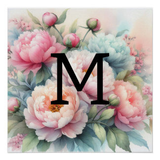 Póster Monografías de acuarela floral monograma peonías a