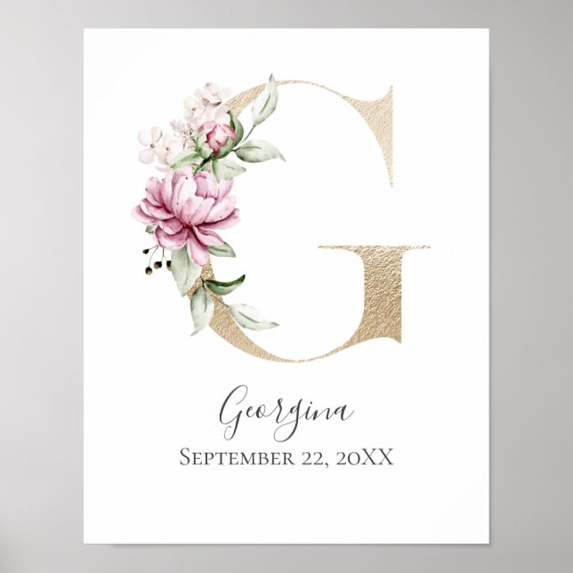 Póster Monogram G Pink White Floral Gold Letter Nursery  (Frente)