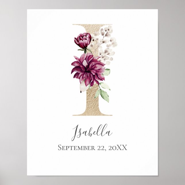 Póster Monogram I Pink White Floral Gold Letter Nursery   (Frente)