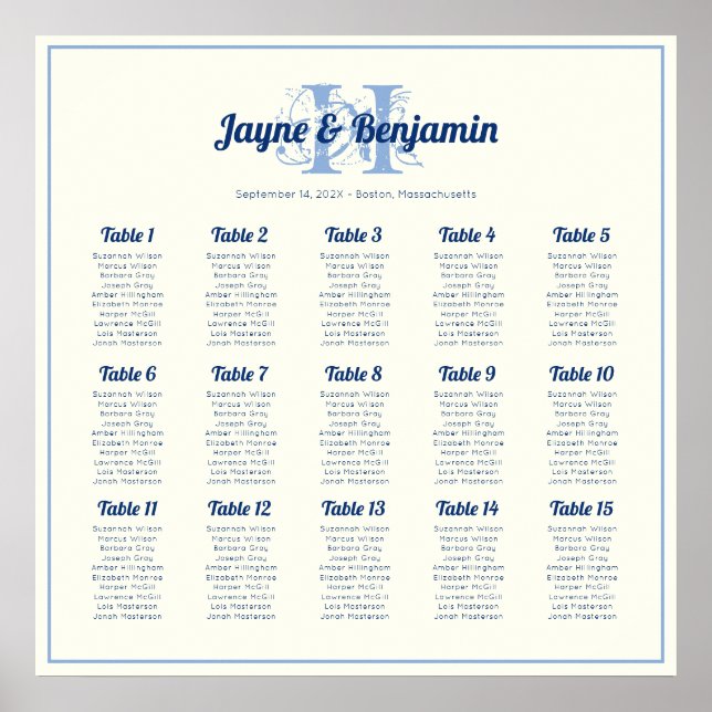 Póster Monogram Initial Ecru Wedding Seating chart poster (Frente)