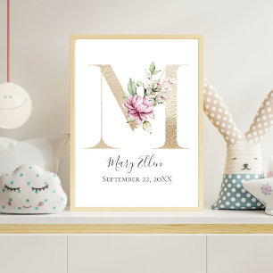 Póster Monogram M Pink White Floral Gold Letter Nursery