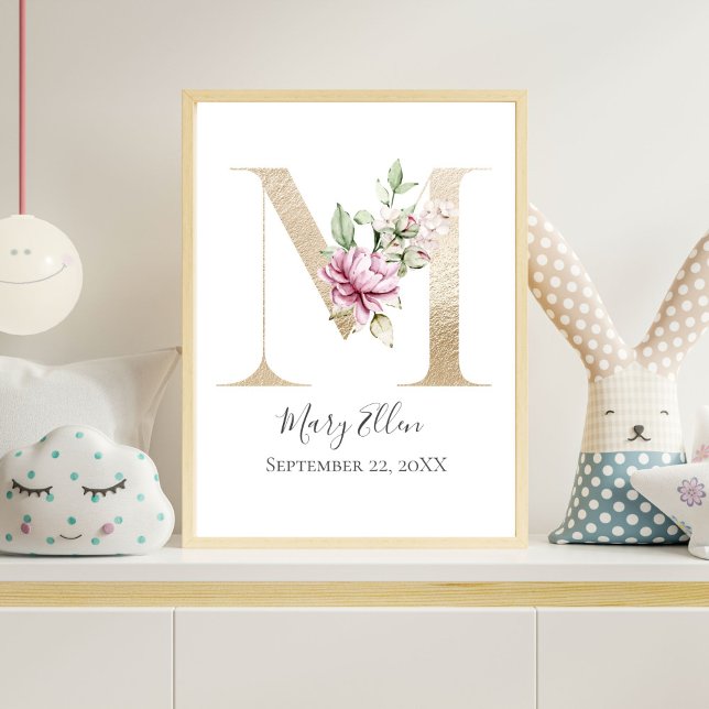 Póster Monogram M Pink White Floral Gold Letter Nursery (Gold Monogram M Letter M with Pink Flowers Wall Art for Nursery or Bedroom)