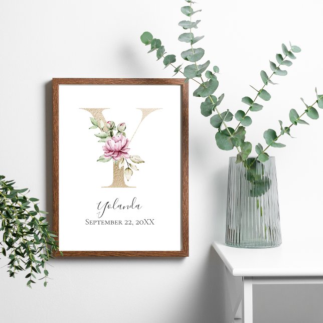 Póster Monogram Y Pink White Floral Gold Letter Nursery  (Gold and Floral Letter Y Monogram Wall Art. Personalize with name and date or any text)