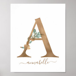 Póster Monograma acuarela Floral Gold Letra A Poster