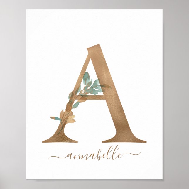 Póster Monograma acuarela Floral Gold Letra A Poster (Frente)