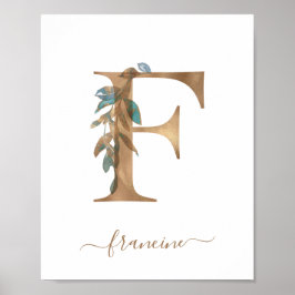Póster Monograma acuarela Floral Gold Letra F Poster