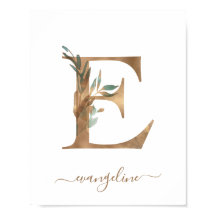 Monograma acuarela Floral Gold Letter E Poster
